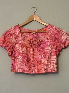 Ulla Johnson Kalena Puff Sleeve Crop Top – Pink Boho Cotton Zip Front